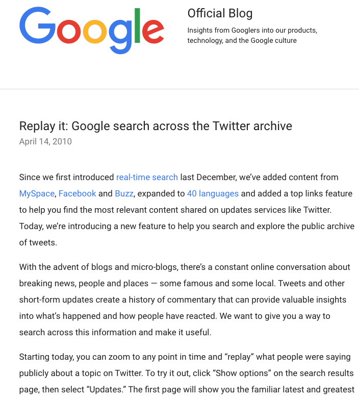 Google Replay for Twitter Google Blog screenshot