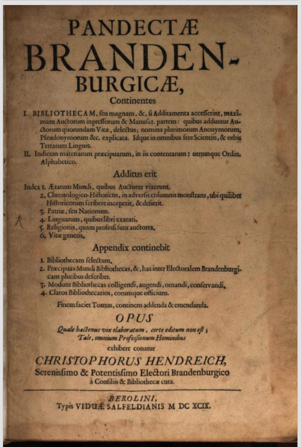 Title page of Hendreich's Pandecta Brandenburgicae