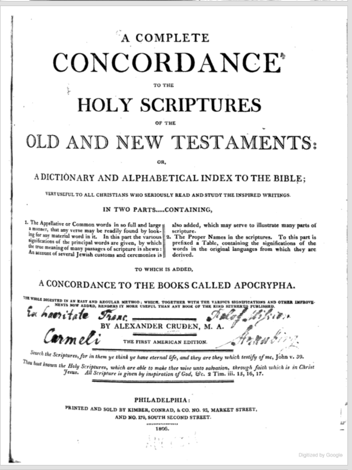 Title page of the first American edition of Cruden's Concordance (1806).