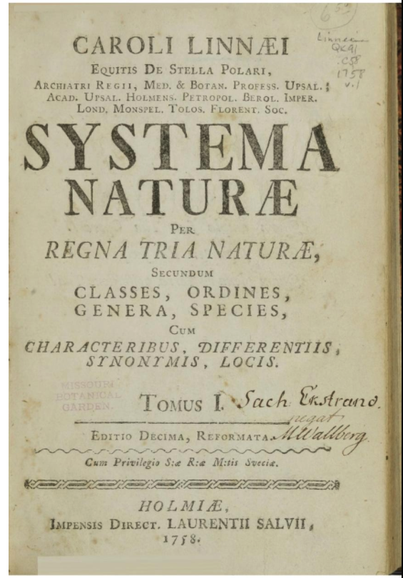 Title page of the 10th edition of Linnaeus's Systema naturae (1758)