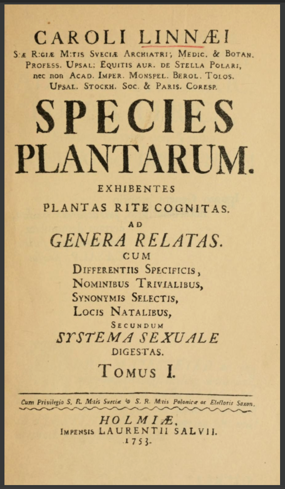 Title page of the first edition of Linnaeus's Species plantarum (1753).