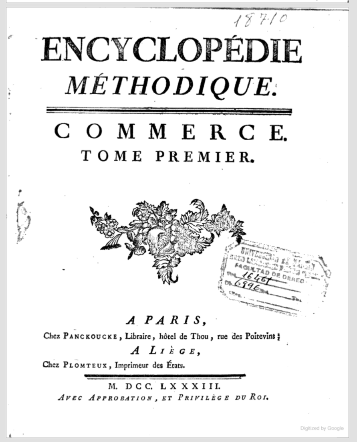 Title page of the first volume of the Commerce section of the Encyclopédie méthodique issued in Paris and Liège in 1783.