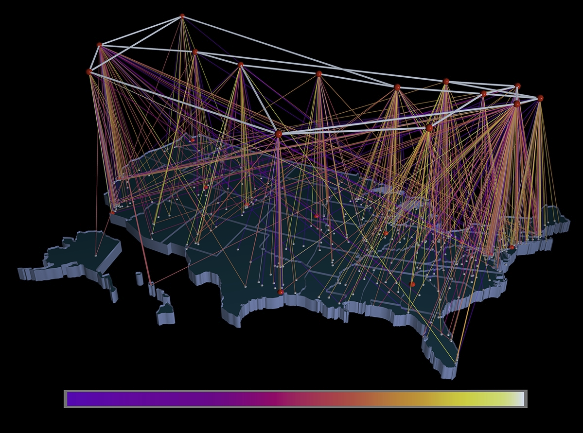 A Visualization of inbound traffic measured in billions of bytes of the NSFNET T1 backbone