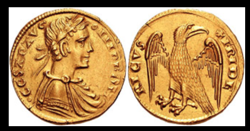 A gold Augustalis, a gold coin bearing on the obverse the profile of Frederick II, from the Messina mint of the Kingdom of Sicily issued from 1231 to the death of Frederick in 1250.