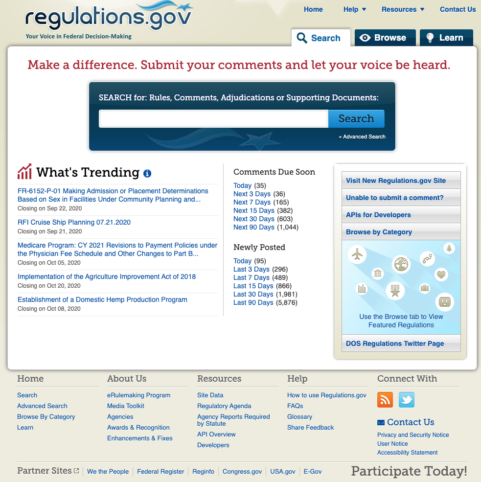 Screenshot of regulations.gov as of September 2020
