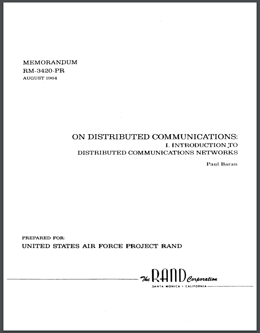 Title page of Baran's On Distributed Communications