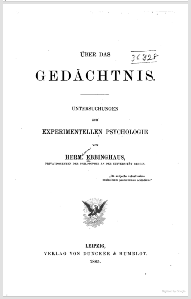 Title page of Ebbinhaus's Ueber das Gedachtnis.