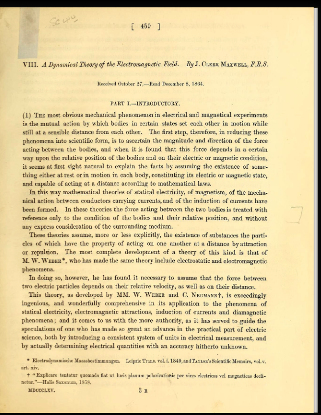 first page of Maxwell's A dynamical theory of the electromagnetic field