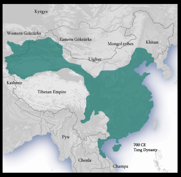 Map of the Tang Dynasty circa 700 CE showing its expanded western territories at that time