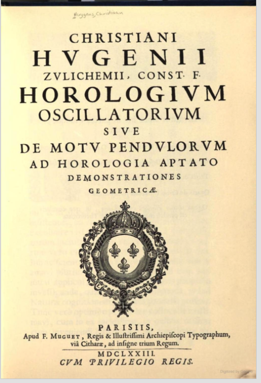 Title page of Huygens's Horologium Oscillatorium