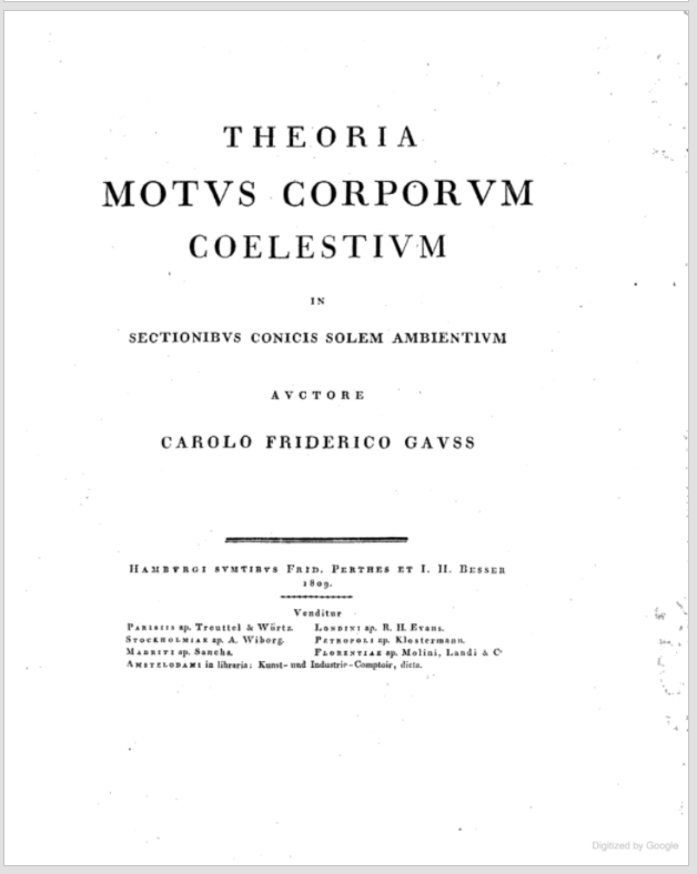 Title page of Gauss's Theoria motus corporum coelestium