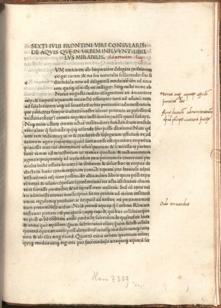 The editio princeps of Frontinus De aquaeductibus, edited by Pomponius Laetus and Johannes Sulpitus