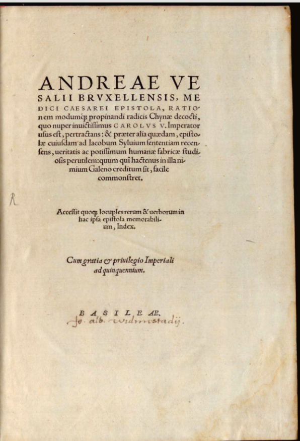 Title page of Vesalius's China Root Letter (in Latin)