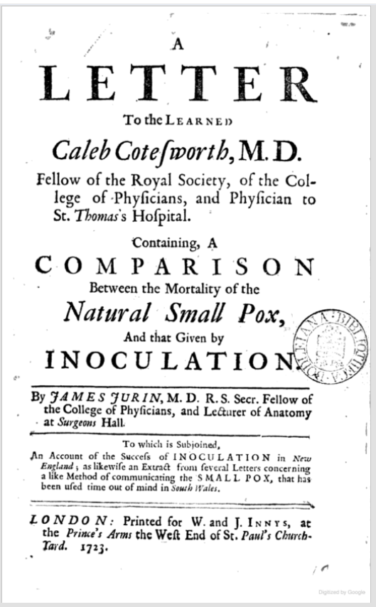 Title page of James Jurin's Letter (1723)