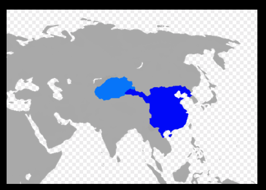 Map of the Western Han dynasty in 2 CE. Darker blue area represents principalities and centrally-administered commanderies. Lighter blue represents protectorate of the Western Regions (Tarim Basin). From Barnes, Mapping History: World History, London, 2007.