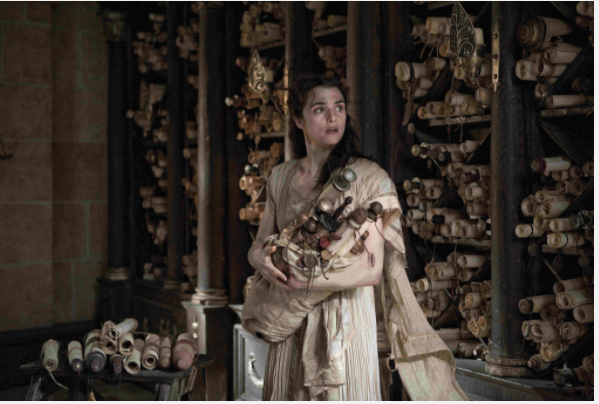 Rachel Weisz portraying Hypatia attempting to save papyrus roles when the Alexandrian library was destroyed by Christian mobs