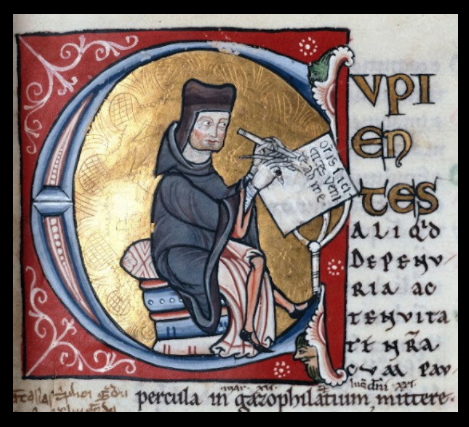 Portrait of Peter Lombard writing in an historiated initial from Peter Lombard, Sententiae (The Sentences), Bibliothèque Municipale de Troyes MS900, fol. 1r.