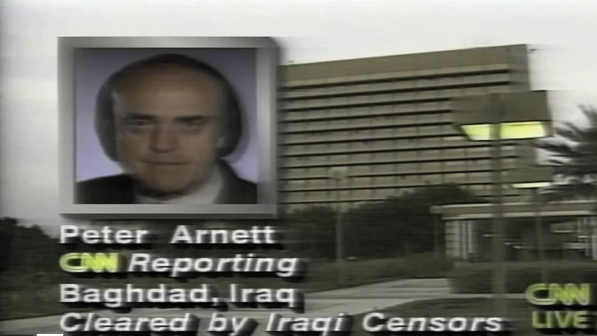 TV screenshot of Peter Arnett reporting from Baghdad