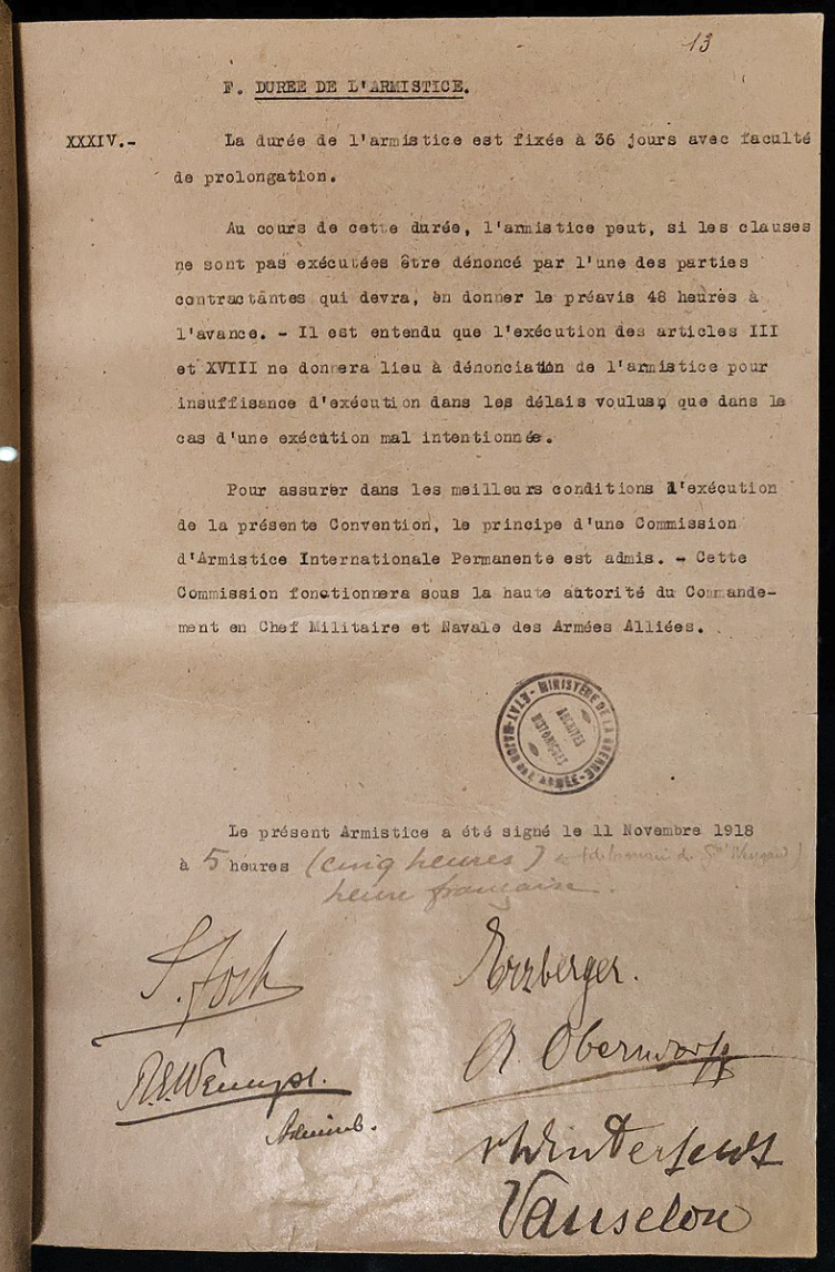 Last page of the armistice ending World War I.