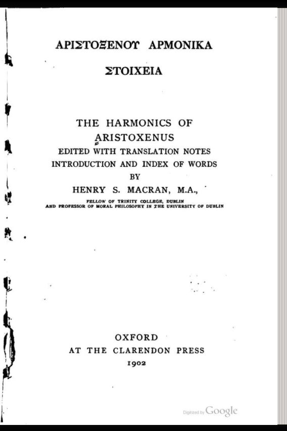 Title page of English translation of Aristoxenos
