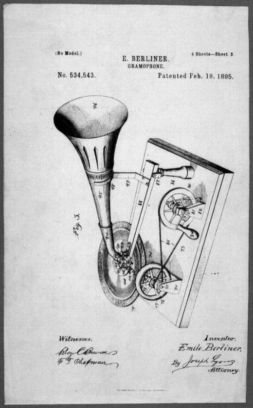 Drawing of Berliner's Grammophone from his 1895 patent