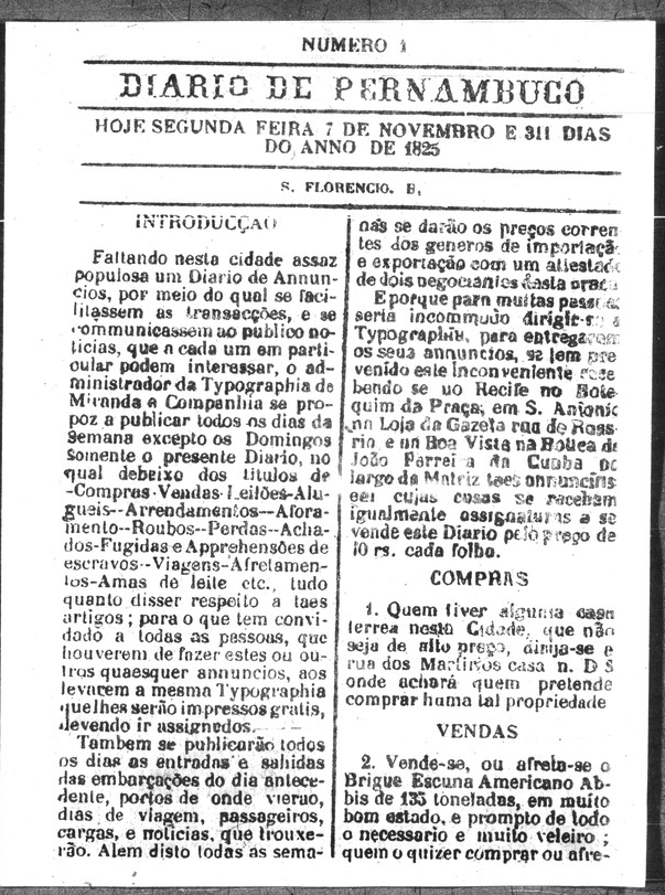 The first issue of the Diario de Pernambuco from the University of Florida Digital Collections.