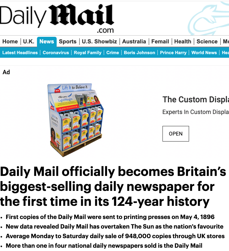 Screenshot showing Daily Mail online logo and notice that on September 23, 2020 it was the top selling print newspaper in England.