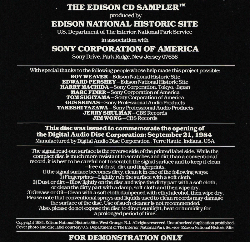 Notes on the rear cover of the Edison CD sampler