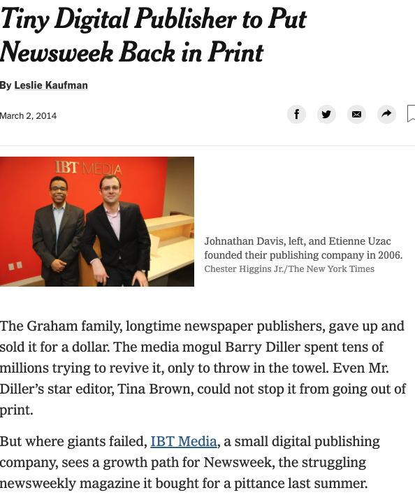 Screenshot of Tiny Digital Publisher to Put Newsweek Back in Print