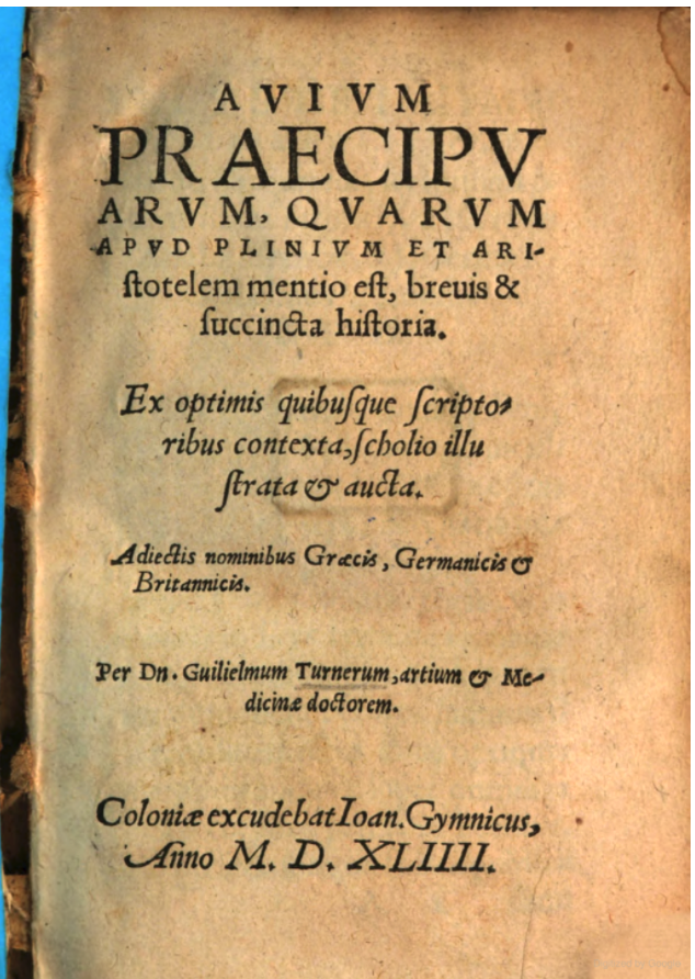Title page of Turner's Avium Praecipuarum