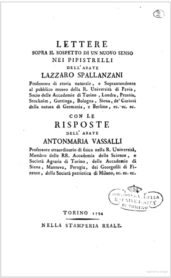 Title page of Spallanzani's pamphlet on biosonar