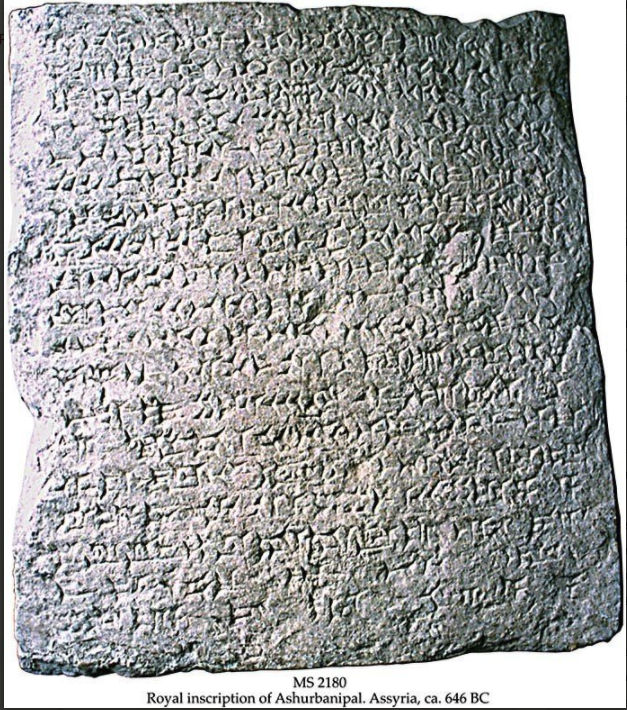 Neo Assyrian inscription on limestone, Nineveh, Assyria, ca. 646 BCE, 1 limestone slab, 47x42x4 cm, single column, 19 lines in Neo Assyrian cuneiform script. Schøyen Collection MS 2180.