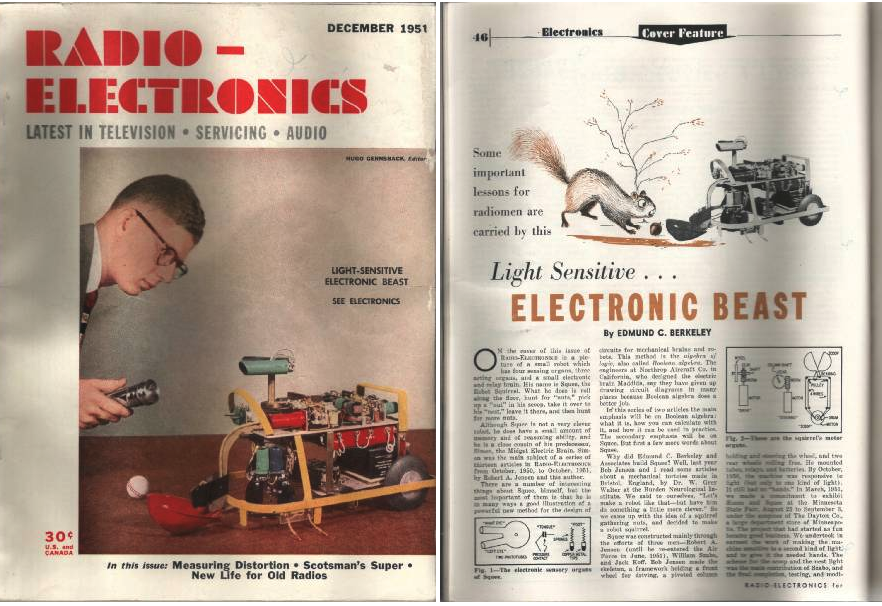 Cover and first page of an article by Edmund C Berkeley in Radio Electronics December 1951 issue regarding the Squee robot