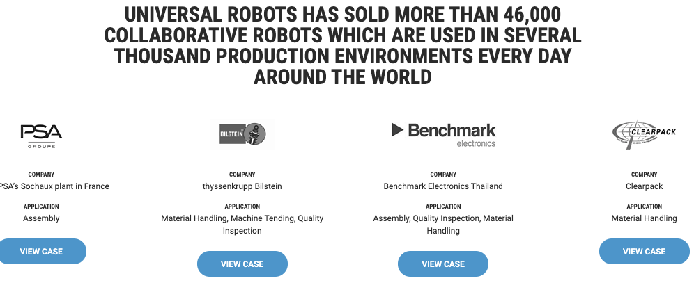 Statement on Universal Robots' website from screenshot taken in September 2020