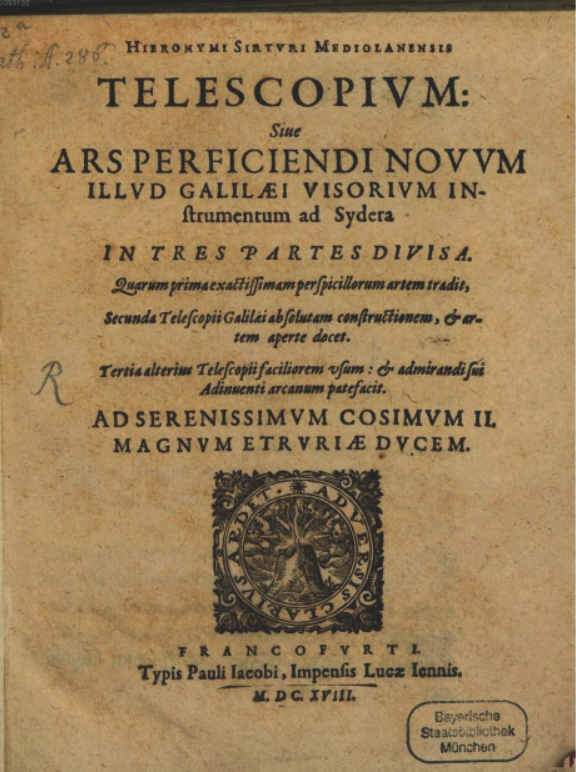 Title page of Girolamo Sirtori's Telescopium