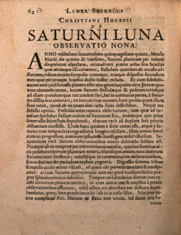 Borel's edition of Huygens' preliminary announcement in anagram form of his discovery of the rings of Saturn and of the Saturnian moon