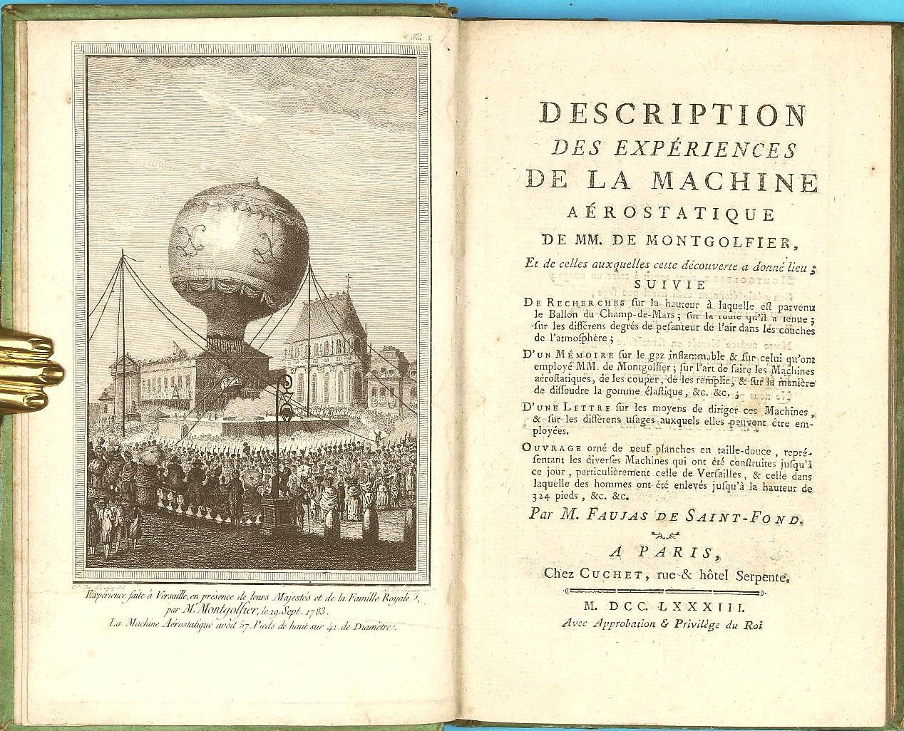 Title page and frontispiece of Description des experiences de la machine aerostatique de MM. Montgolfier
