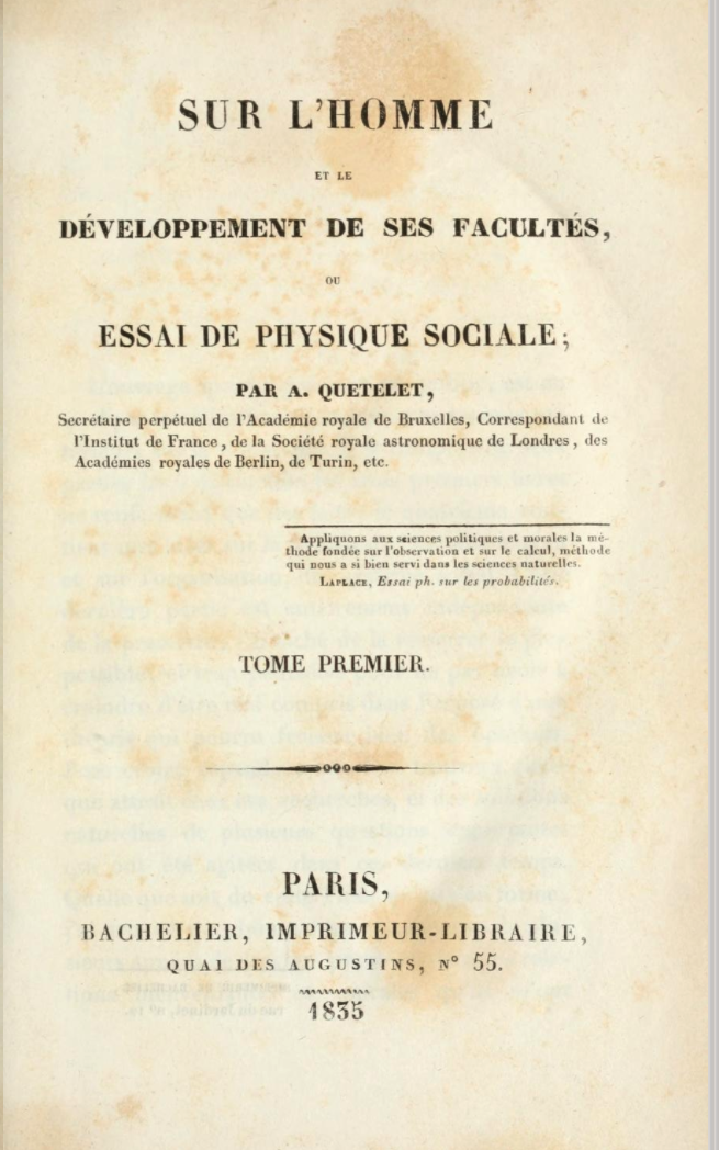 title page of Quetelet's Sur l'homme et le developpement de ses facultés