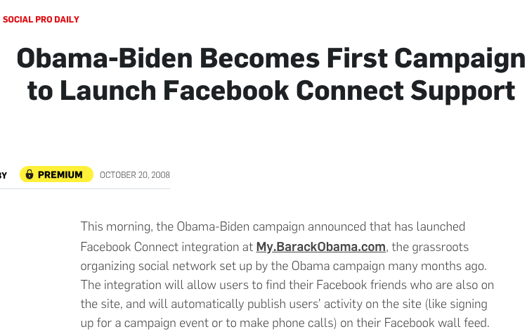 Screenshot from adweek.com about Obama-Biden campaign using Facebook