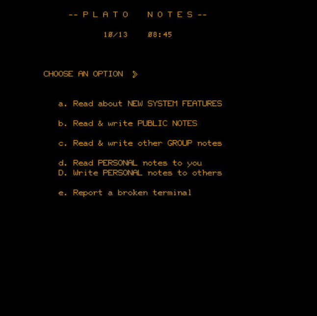 Opening screen of Plato Notes as it appeared about 1976