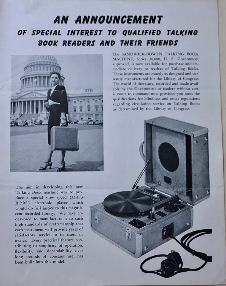 Ad for special phonograph for playing Talking Books recordings