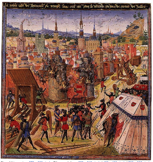Capture of Jerusalem during the First Crusade, 1099. Unidentified late medieval (14th or 15th century?) illustration probably from Sébastien Mamerot, Les Passages d'oultre mer.