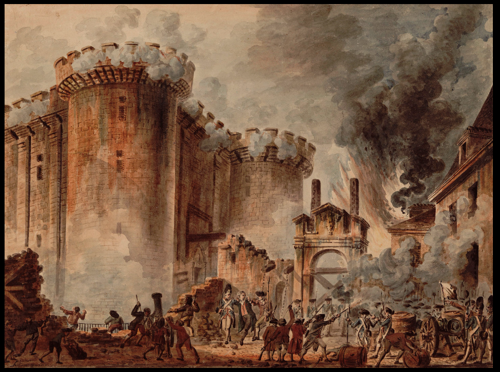 The Storming of the Bastille on 14 July 1789, later taken to mark the end of the Ancien Régime; watercolour by Jean-Pierre Houël