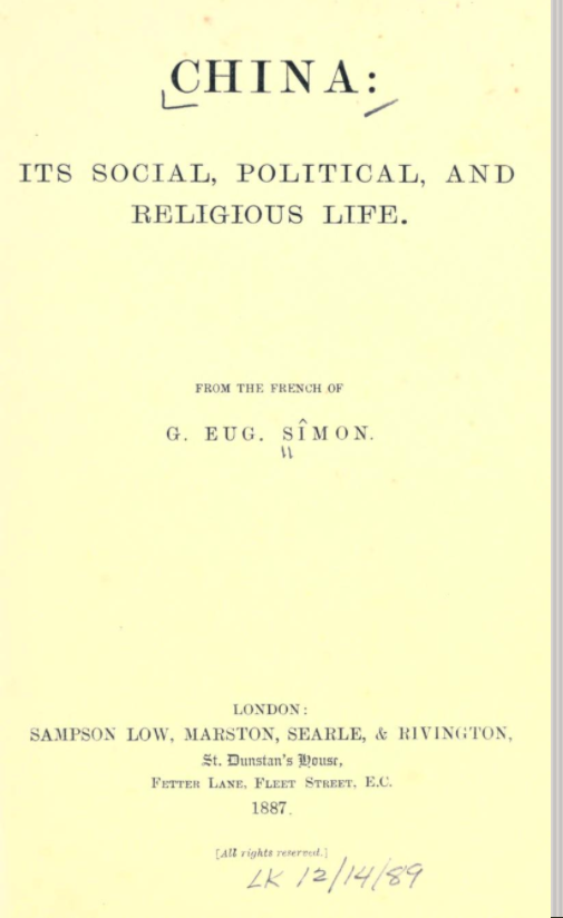 Title page of Simon's China: Its social, political and religious life