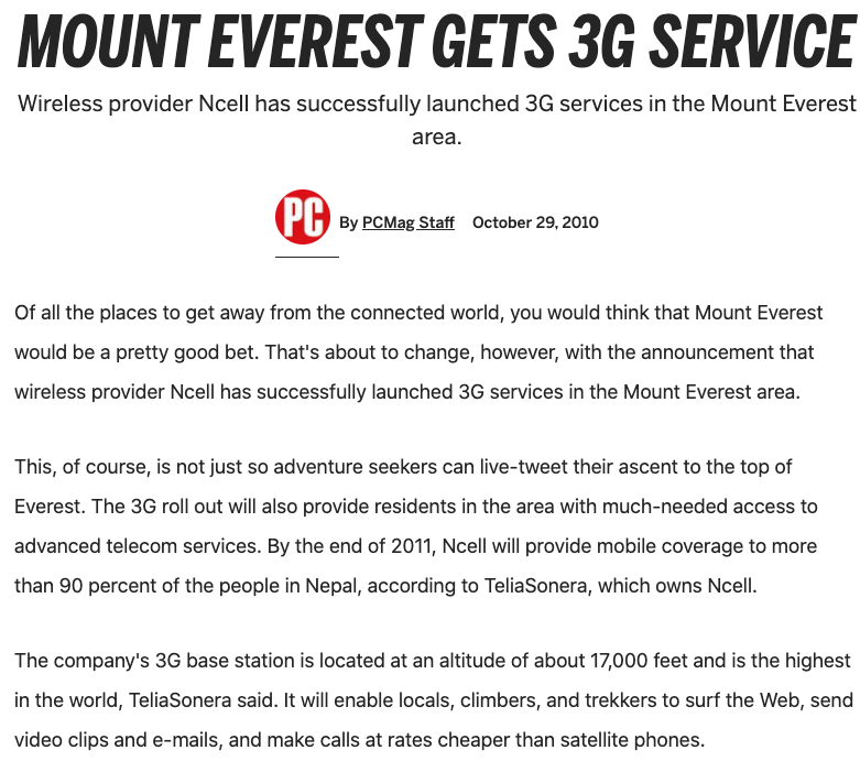 Partial screenshot from PC Magazine showing Mt Everest gets 3G Service