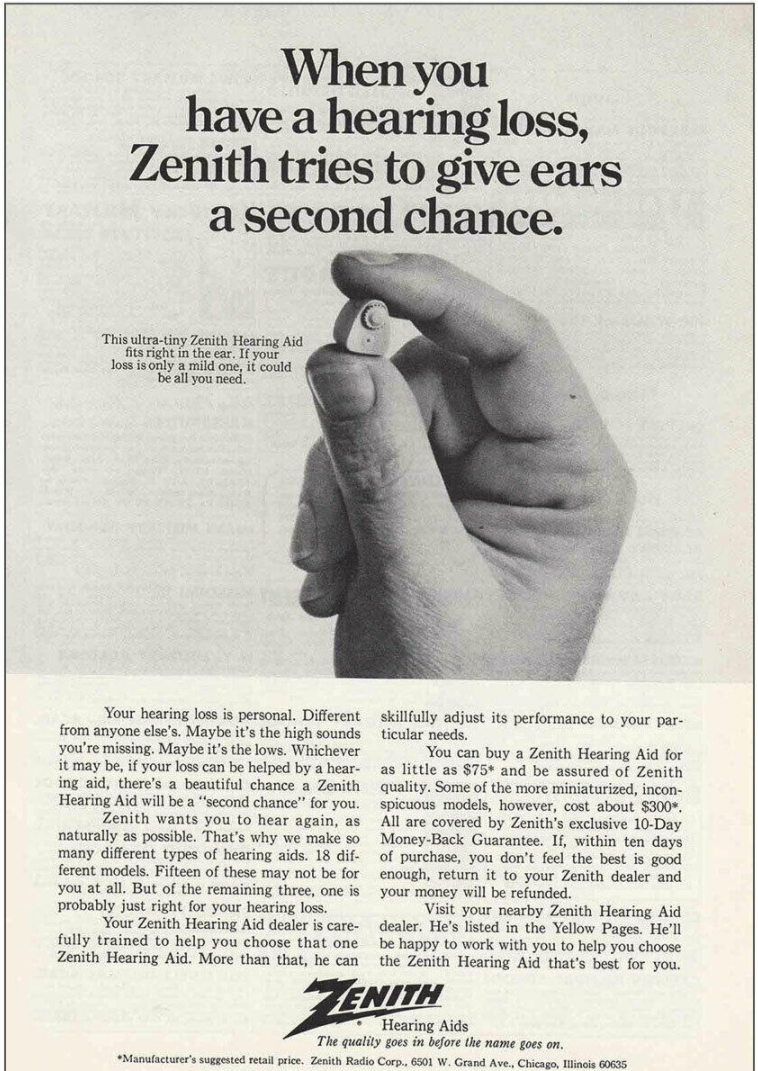 Photo of A 1969 magazine ad for a highly miniaturized Zenith hearing aid.