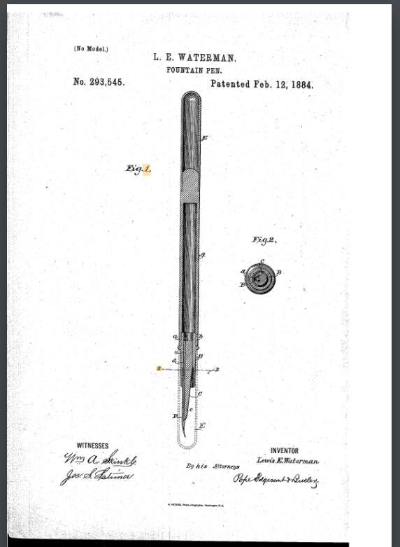 Image of Waterman's fountain pen in his original U.S. Patent.