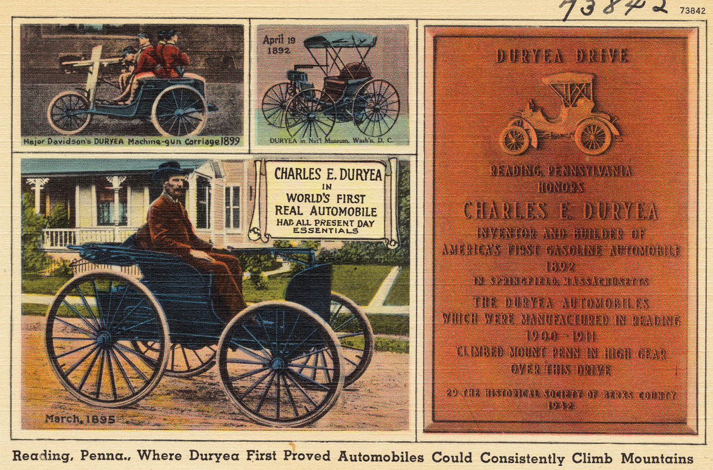 Postcard from Reading, PA, "where Duryea first proved automobiles could consistently climb mountains"