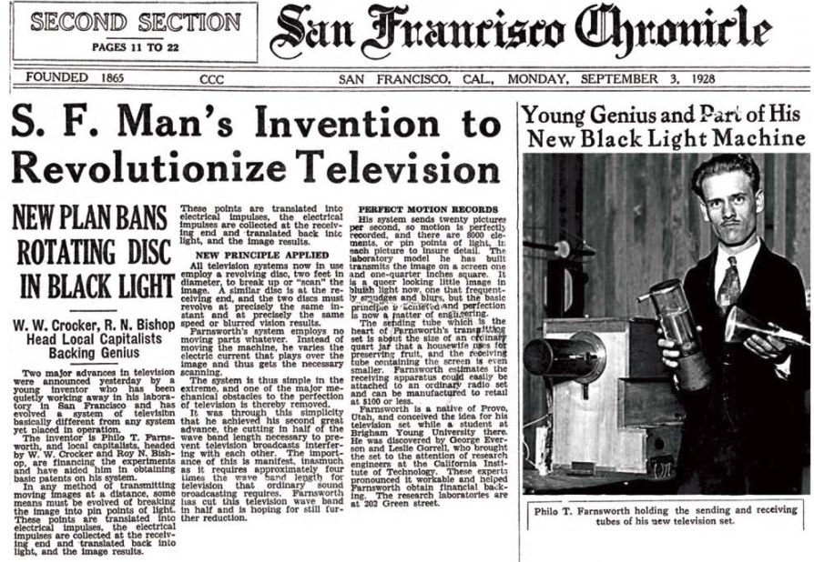 Article in the San Francisco Chronicle dated September 3, 1928 about Farnsworth's functional tv system