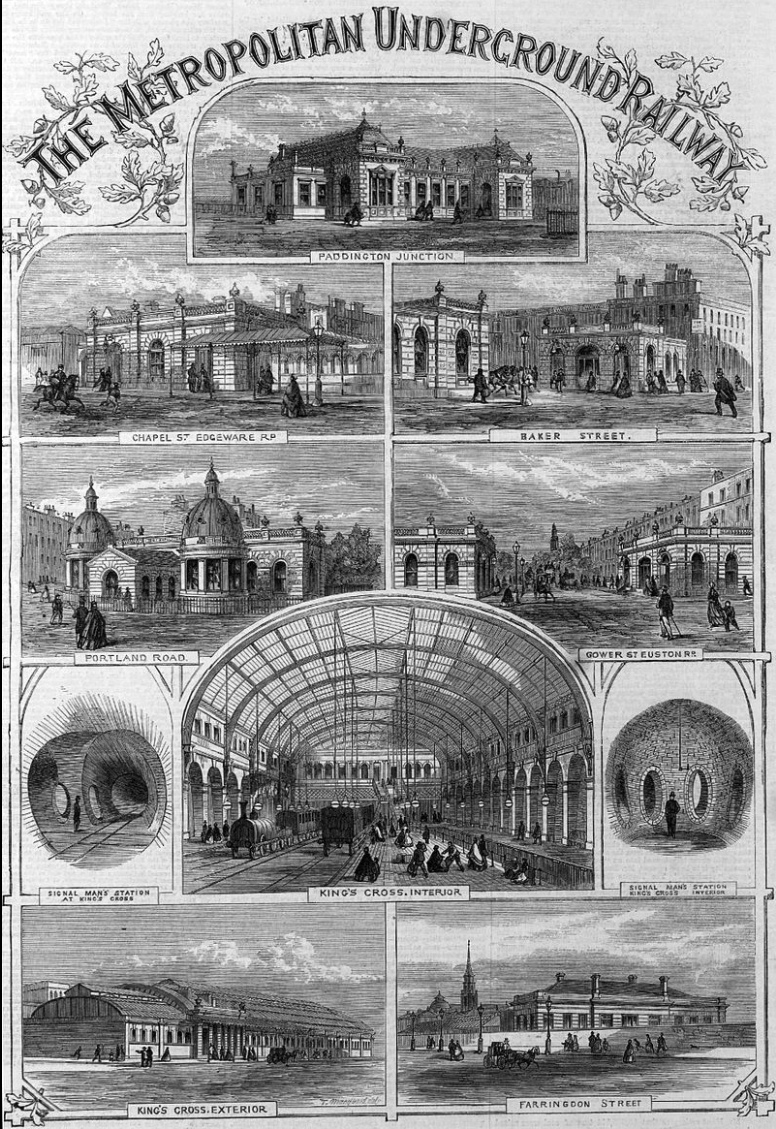 Montage of the Metropolitan Railway's stations from Illustrated London News, December 1862, the month before the railway opened